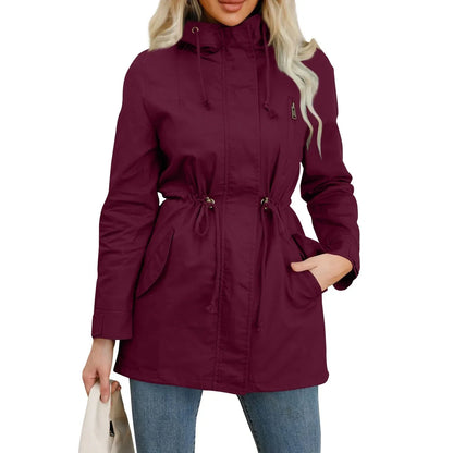 Women’s Hooded Trench Coat - Fitted Solid Color Jacket for Spring, Autumn & Outdoor Wear