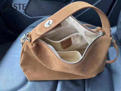 Simple Autumn Winter Grey & Brown Boston Tote — Soft Matte Suede Cow Leather Women's Shoulder Handbag