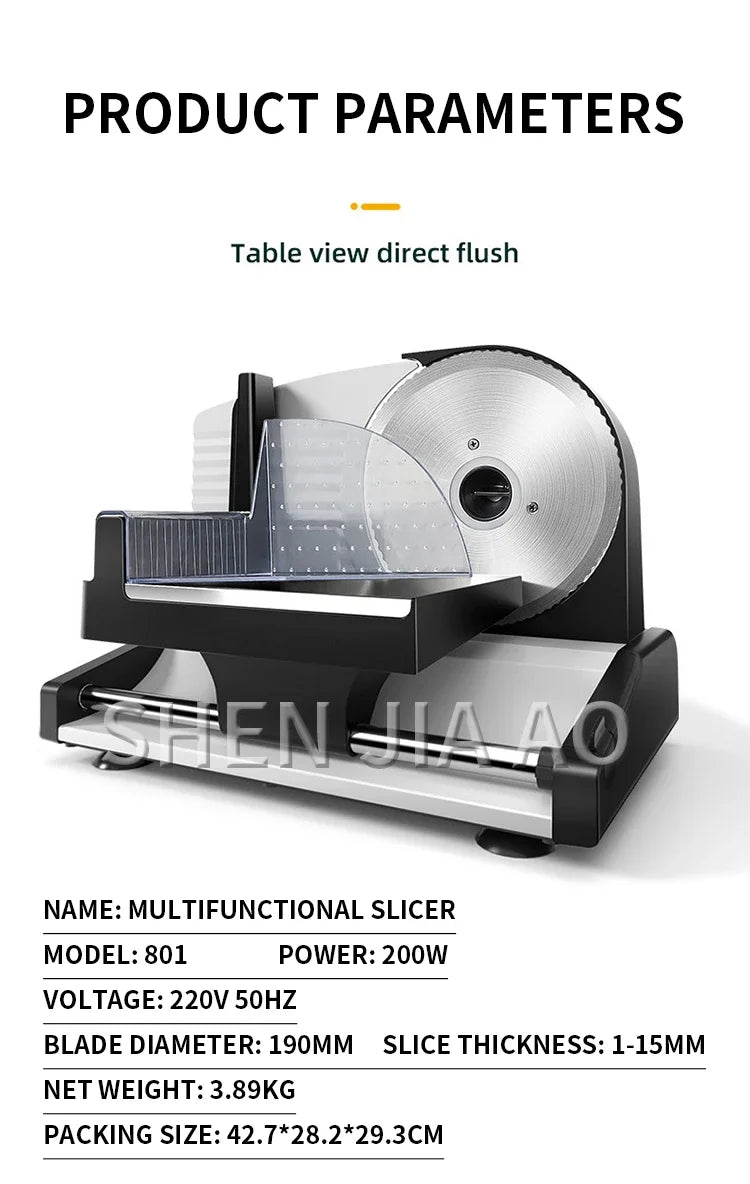801 Electric Meat Slicer – 200W Household Fruit, Mutton, and Bread Slicing Machine with 1-15mm Adjustable Thickness