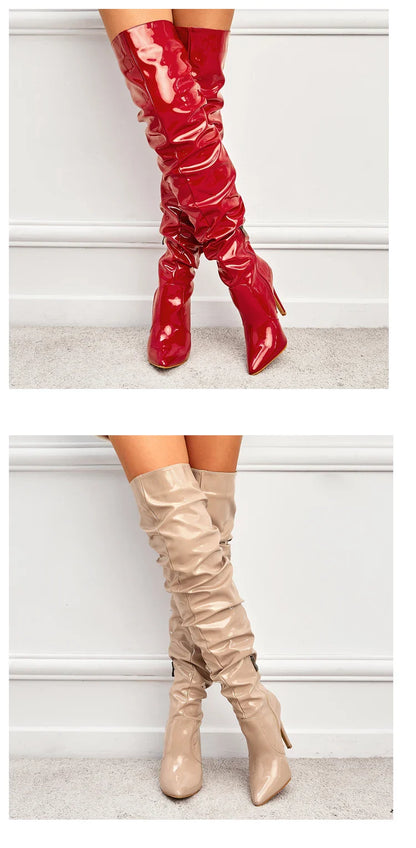 Eilyken Red Over-the-Knee Stiletto Boots for Women – Patent Leather Pointed Toe High Heel Zip-Up Shoes