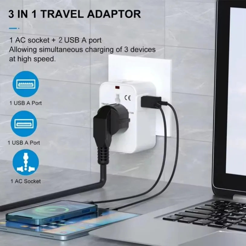 All-in-One Foldable Universal Travel Adapter – EU, UK, US, AU Power Charger with Dual USB 2.1A Ports and Outlet Converter Socket