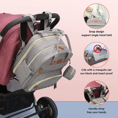 3-in-1 Diaper Bag Backpack – Waterproof Travel Bag with Foldable Baby Bed & USB Charging