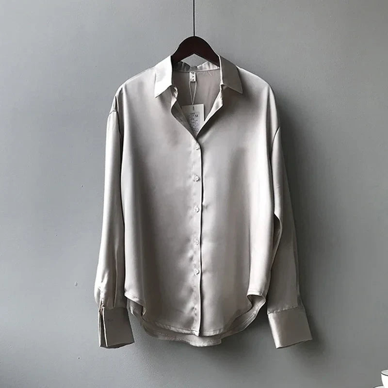 Elegant Satin Women’s Shirt — Loose Vintage Blouse with Turn-Down Collar for Spring & Autumn