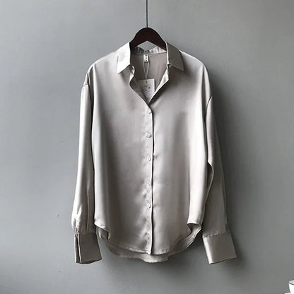 Elegant Satin Women’s Shirt — Loose Vintage Blouse with Turn-Down Collar for Spring & Autumn