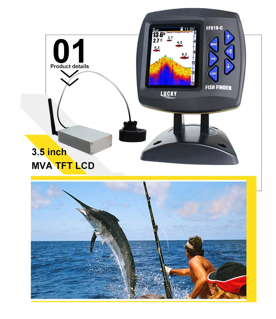 LUCKY FF918-CWLS Wireless Fish Finder – 980 ft Range, 45° Operating Range for Fishing Boats