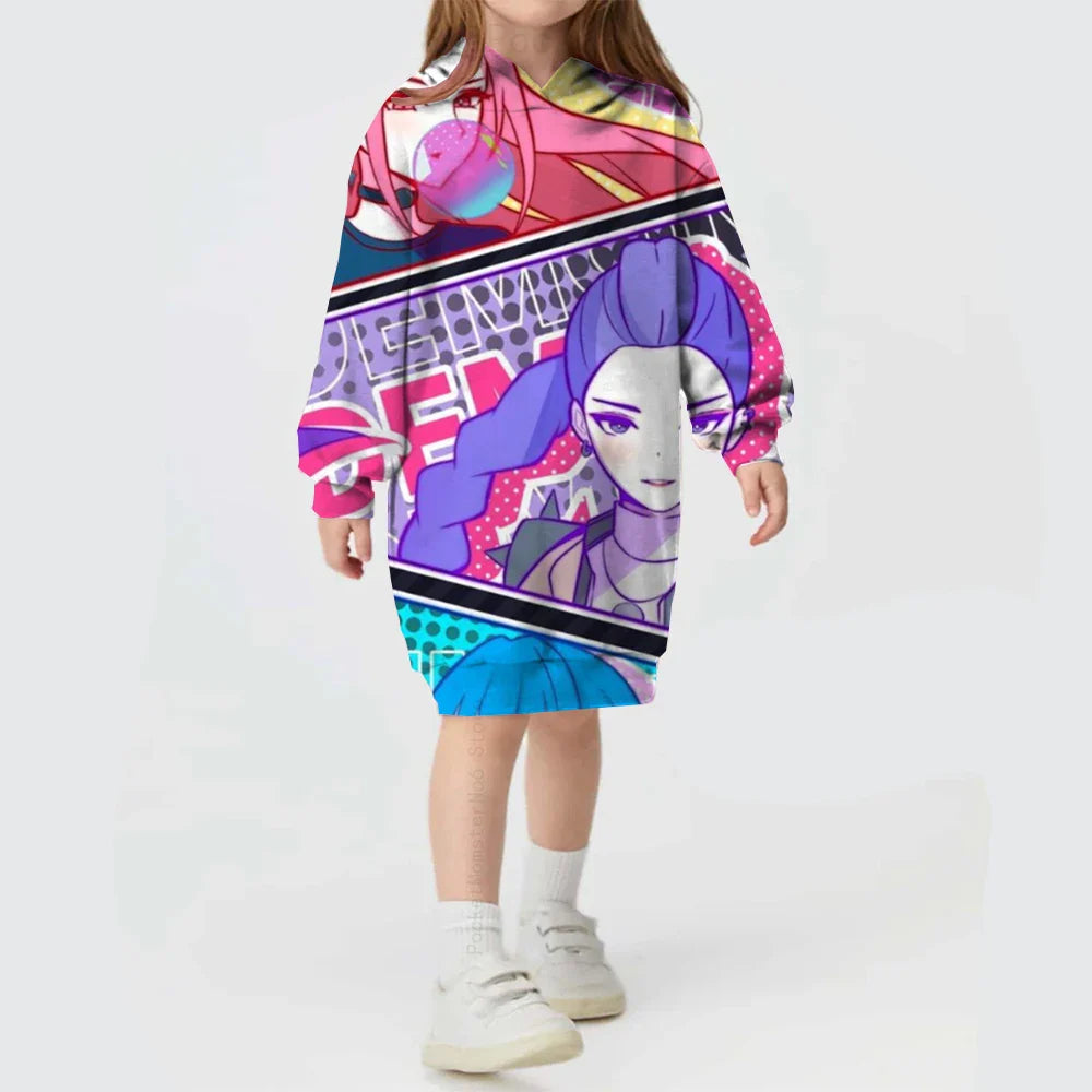KPop Demon Hunters Hoodie Dress — Rumi Cute Cartoon Sweatshirt Pullover for Girls, Long Sleeve Autumn Y2K Sportswear