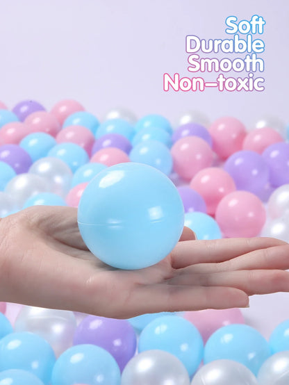 100pcs 5.5cm Soft Plastic Ball Pit Balls – BPA-Free, Non-Toxic, Multi-Color Set with Storage Bag (Purple, Pink, Light Blue, Pearl White)