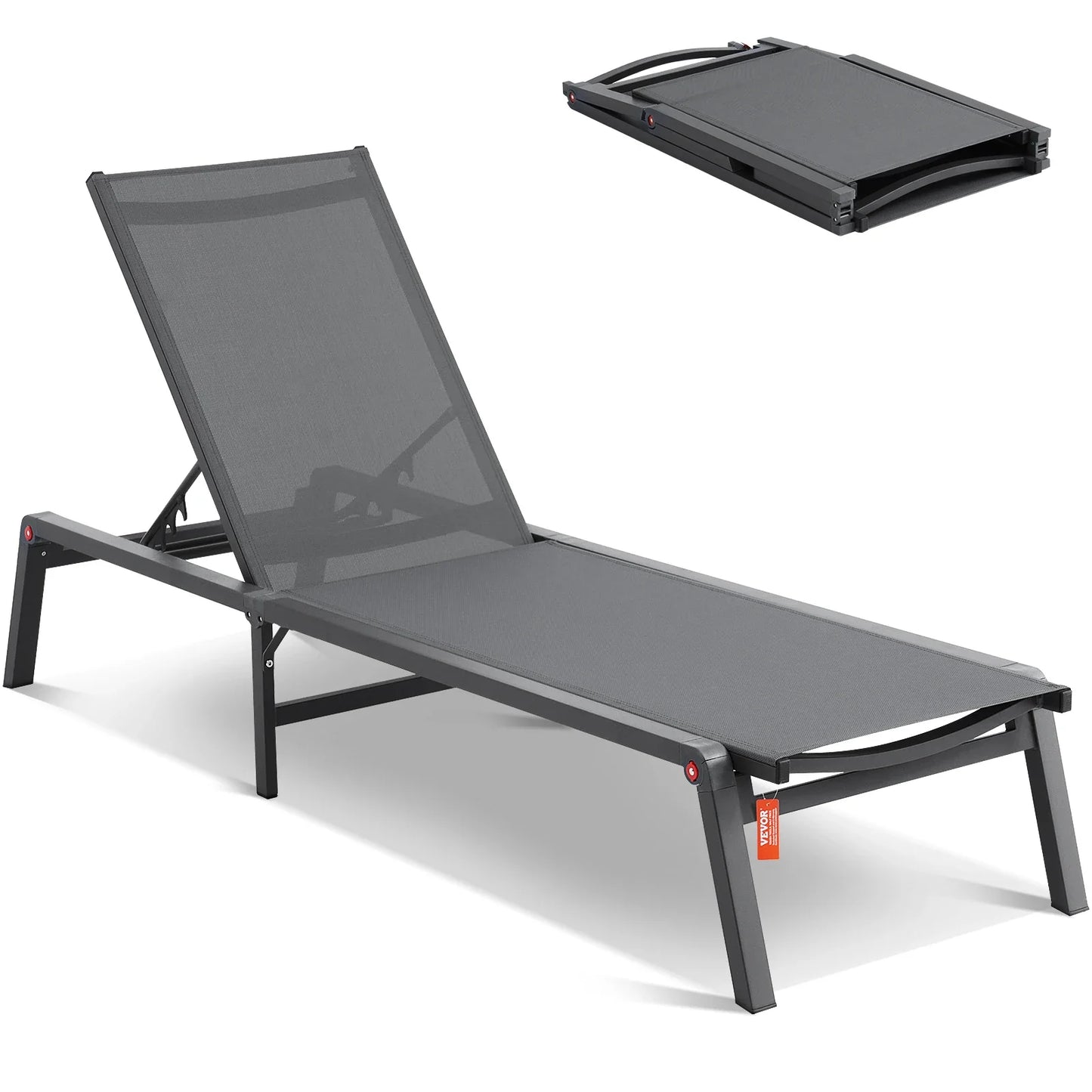 SucceBuy Outdoor Aluminum Chaise Lounge Chair — Folding Patio Pool Recliner, Full Flat Sun Lounger in Dark Grey
