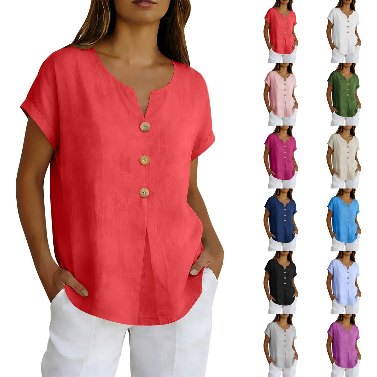 Women’s 2026 Summer Cotton Linen V-Neck Blouse – Solid Color Short Sleeve Loose Button Casual Plus Size Shirt