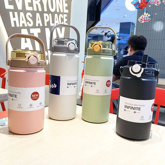 1L/1.2L Stainless Steel Thermal Water Bottle – Vacuum Insulated Thermos Cup with Straw, Hot & Cold Drink Tumbler for Gym & Travel