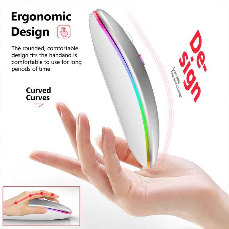 Wireless RGB Rechargeable Mouse - Bluetooth for Laptop PC, LED Backlit Silent Ergonomic Gaming Mouse