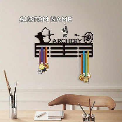 Vintage Archery Medal Display Rack - Gold Black Wall Mounted Award Holder with Custom Hooks