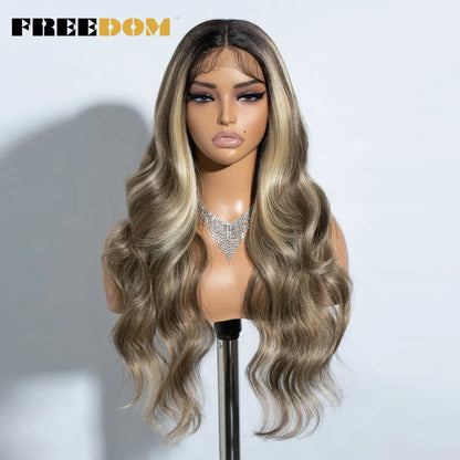 FREEDOM 26-Inch Synthetic Lace Front Wig for Women — Honey Brown Body Wave with Ombre Blonde Highlights, Cosplay & Fashion Wig