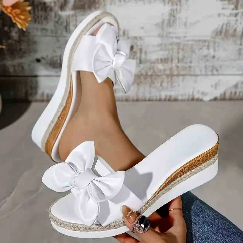 Women’s Bowknot Platform Sandals - Casual Solid Color Braided Strap Shoes