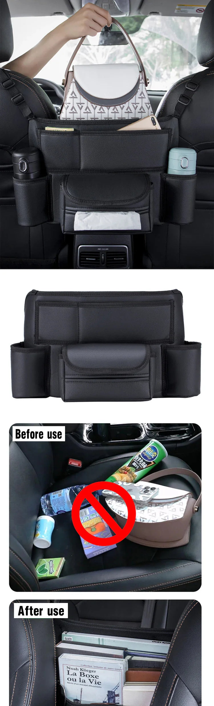Car Seat Middle Hanger Leather Storage Bag – Multifunction Hanging Organizer with Handbag Holder, Water Cup & Tissue Pockets