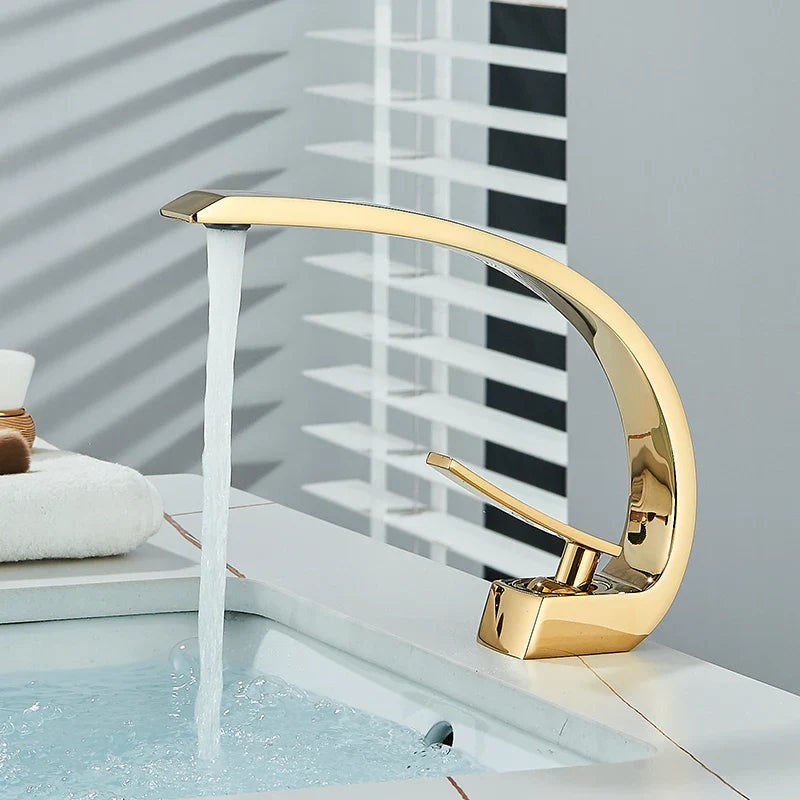 Brass Bathroom Faucet - Single Handle Basin Sink Mixer Tap with Hot & Cold Water, Beautiful Curve Design, Deck Installation