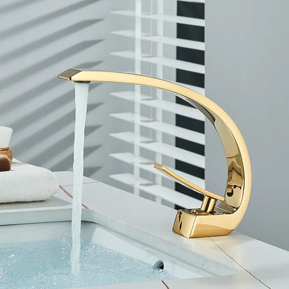 Brass Bathroom Faucet - Single Handle Basin Sink Mixer Tap with Hot & Cold Water, Beautiful Curve Design, Deck Installation