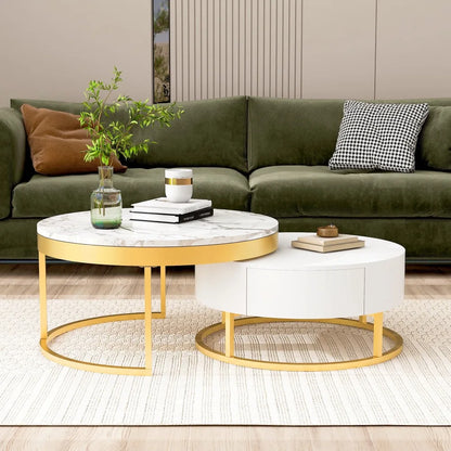Set of 2 Round Gold Nesting Coffee Tables — Storage Drawer Living Room Furniture