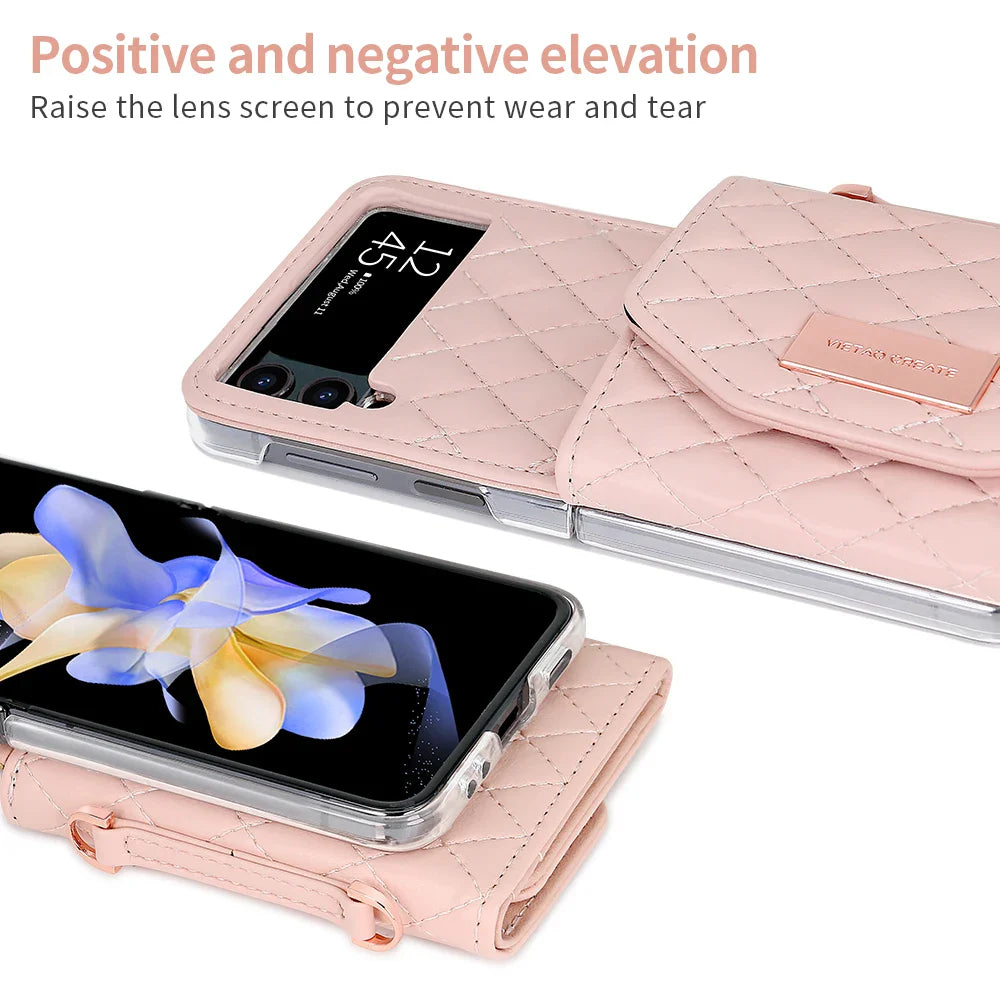VIETAO Leather Wallet Phone Case with Crossbody Strap — Pink Purse Case for Samsung Galaxy Z Flip 3/4/5/6/7