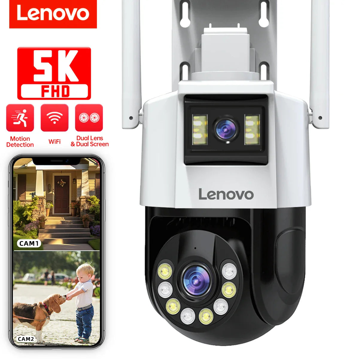 Lenovo 3MP/5MP PTZ WiFi IP Camera, 4X Digital Zoom, Audio, Color Night Vision, Waterproof, Outdoor CCTV Smart Home Surveillance