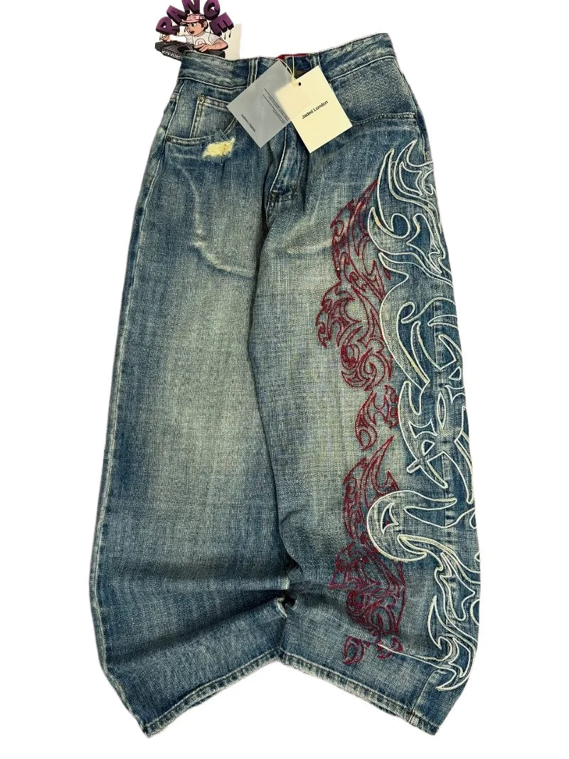 Y2K American Embroidered Baggy Jeans – Men’s Vintage Hip Hop Wide-Leg Casual Streetwear Pants