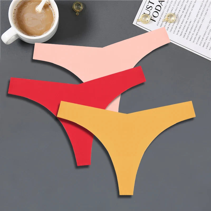 FINETOO 3PCS Women’s Ice Silk Seamless V-Waist Thongs — Low Rise Sport Panties, 10 Solid Colors, Breathable G-String