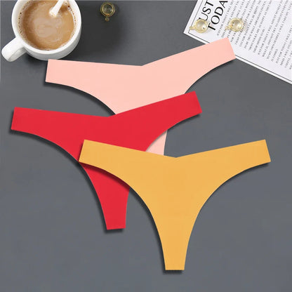 FINETOO 3PCS Women’s Ice Silk Seamless V-Waist Thongs — Low Rise Sport Panties, 10 Solid Colors, Breathable G-String