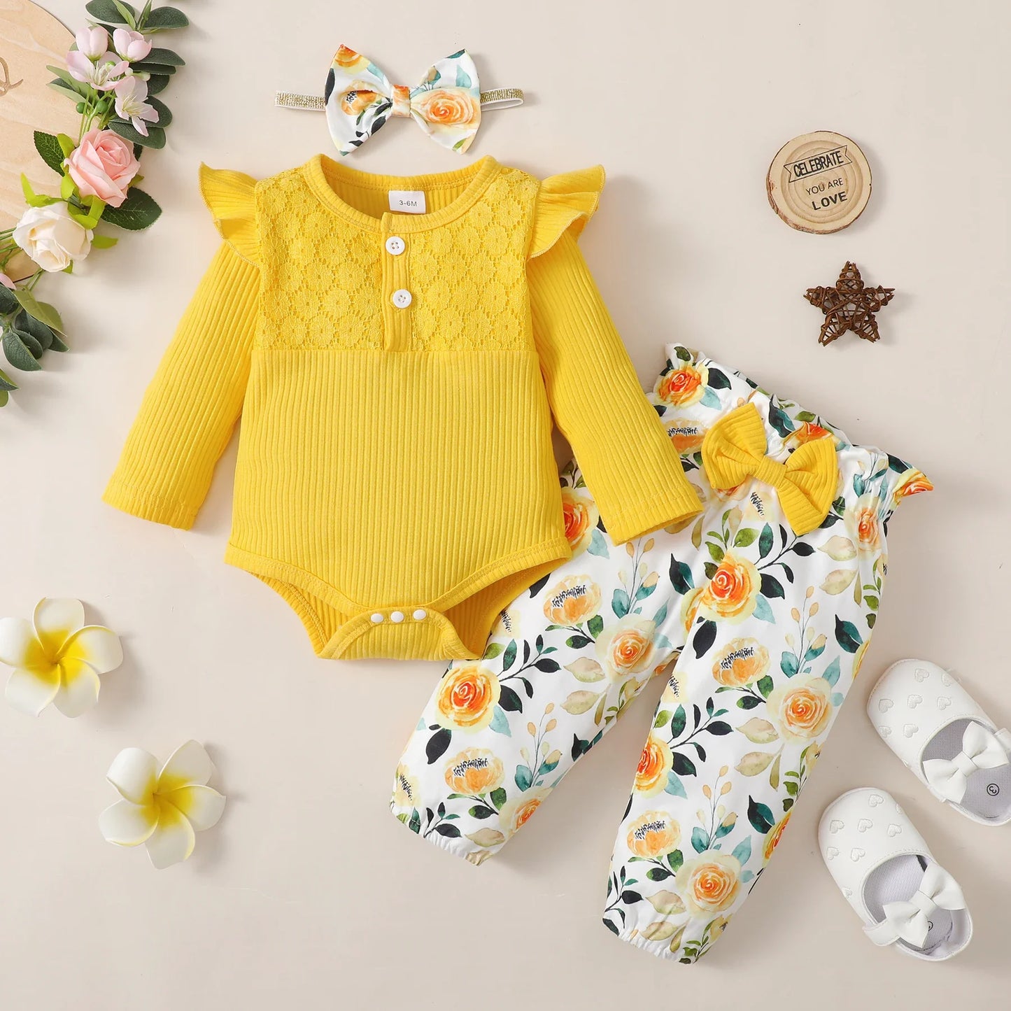 3-Piece Baby Girl Clothes Set – Long Sleeve Romper, Flower Pants & Headband, Spring & Autumn Outfit for 0-18 Months