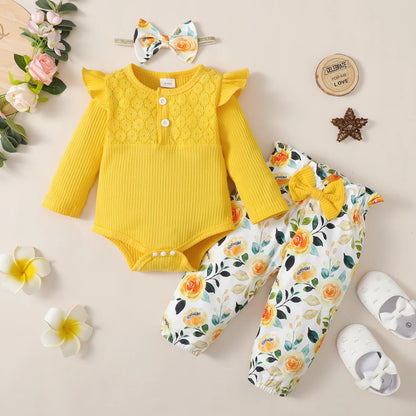 3-Piece Baby Girl Clothes Set – Long Sleeve Romper, Flower Pants & Headband, Spring & Autumn Outfit for 0-18 Months