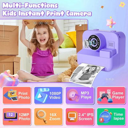 Children's Mini Digital Camera – Thermal Printing, Image Stabilization & 32GB Card Included