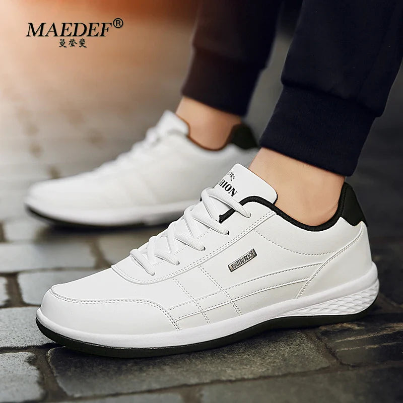 MAEDEF Men's Leather Sneakers – Waterproof, Comfortable Lace-Up Casual Footwear, Vulcanized Shoes