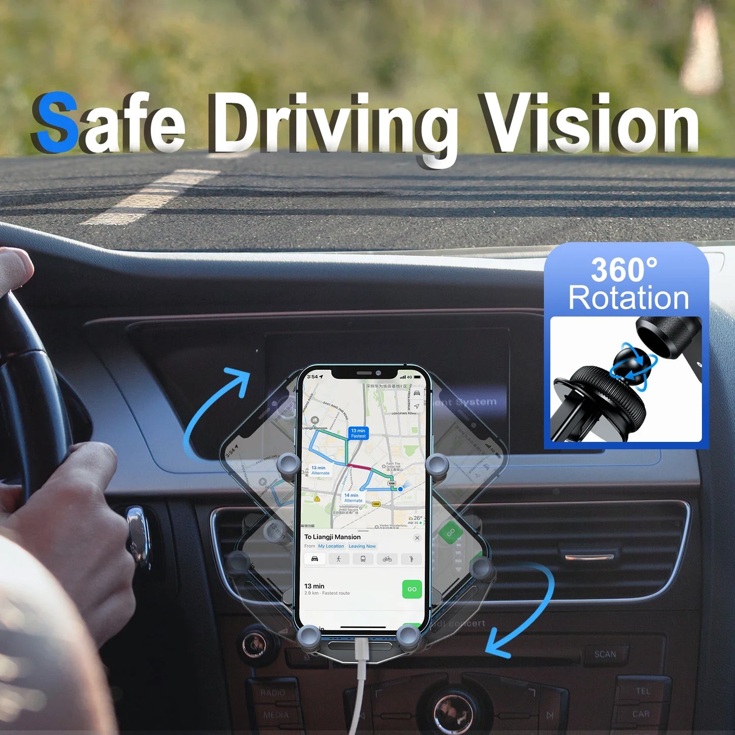 360 Degree Rotatable Alloy Car Phone Holder - Invisible Gravity Mount for Air Vent and Dashboard GPS Support