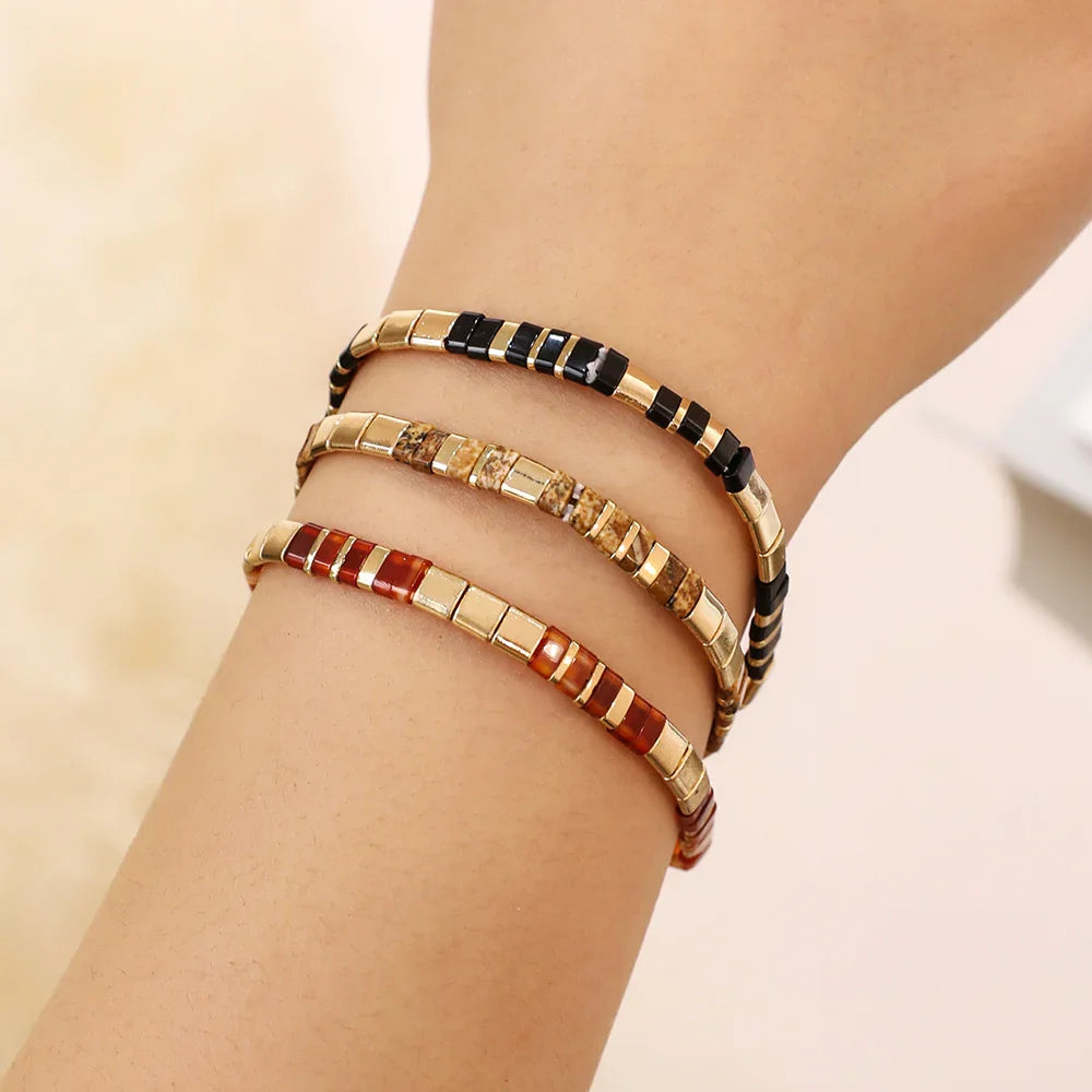 ZMZY Stone Tila Beads Elastic Bracelet for Women – 2025 Fashion Colorful Rainbow Miyuki Tile Bead Jewelry Gift Bracelet