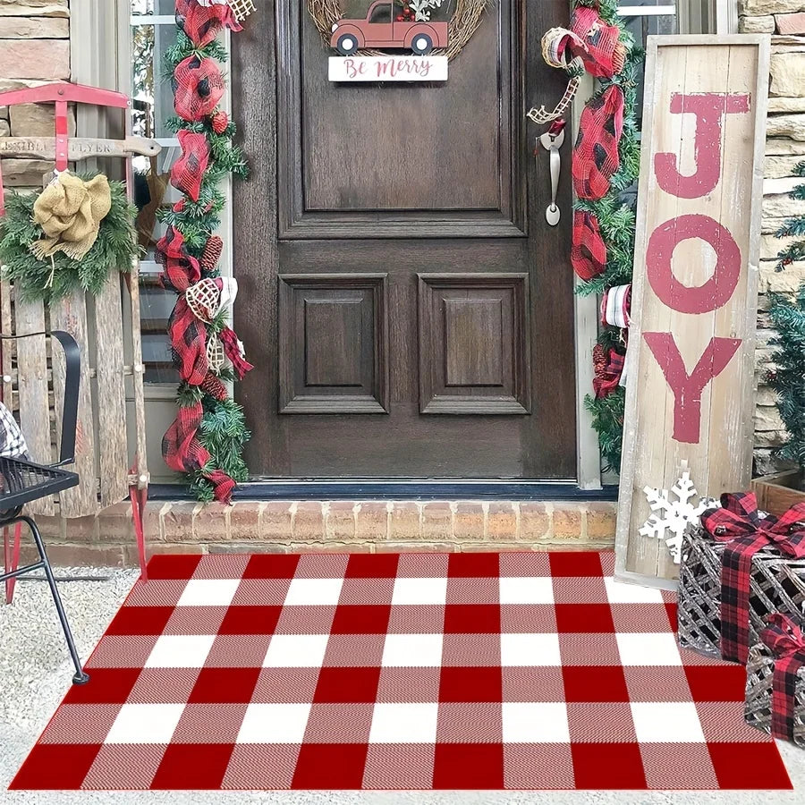 VIKAMA Christmas Checkered Outdoor Rug — Washable, Anti-Slip Welcome Mat for Front Porch & Festive Home Decor
