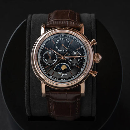 Sugess ST1908 Mechanical Chronograph Watch for Men – Swan Neck Movement, Moonphase Calendar, Vintage Leather Strap, 2023 Model