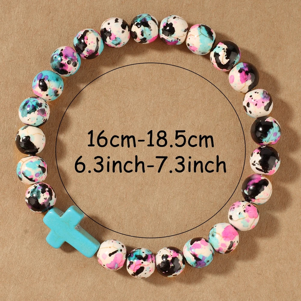 Jesus Cross Beaded Bracelet - Colorful Stone Faith Jewelry for Women, Meditation & Baptism Gifts