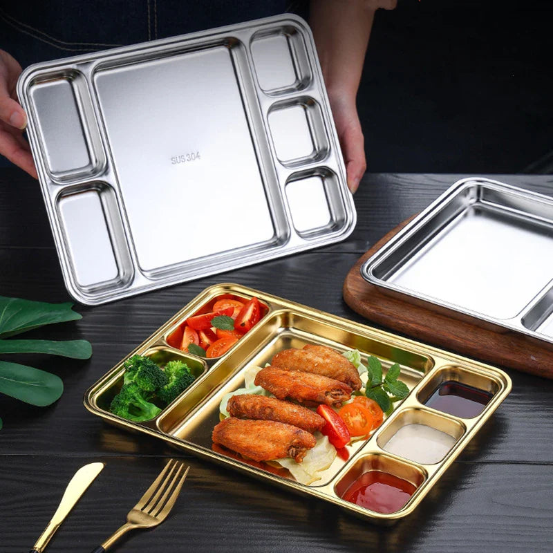 Gold Stainless Steel Divided Dining Plate – Compartment Food Serving Tray Kitchen Tableware