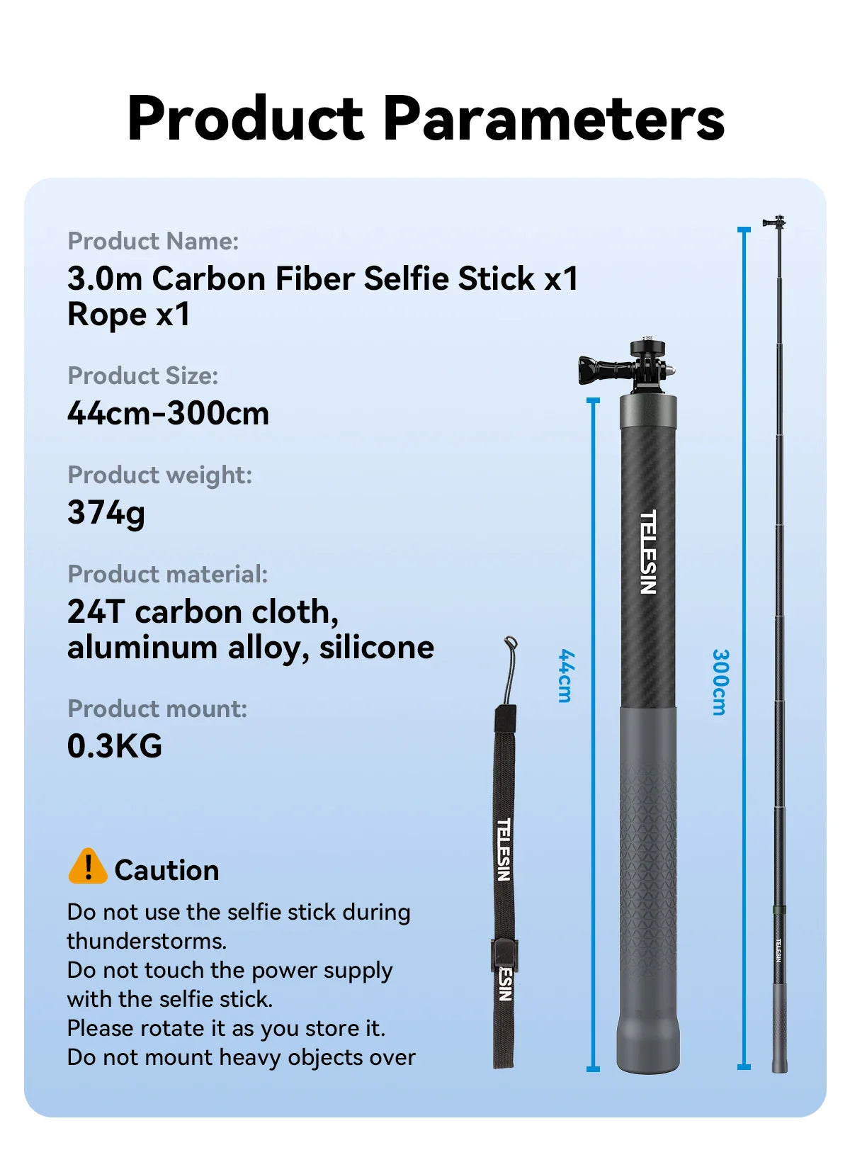 TELESIN 1.2M/3M Carbon Fiber Selfie Stick Monopod - Extendable with 1/4'' Screw for GoPro, Insta360, Osmo Action, DJI Action Camera
