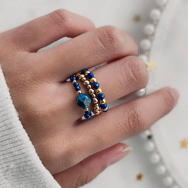 Natural Stone Beaded Rings for Women – Crystal Stainless Steel Elastic Handmade Fashion Ring Jewelry for Wedding & Party Wear