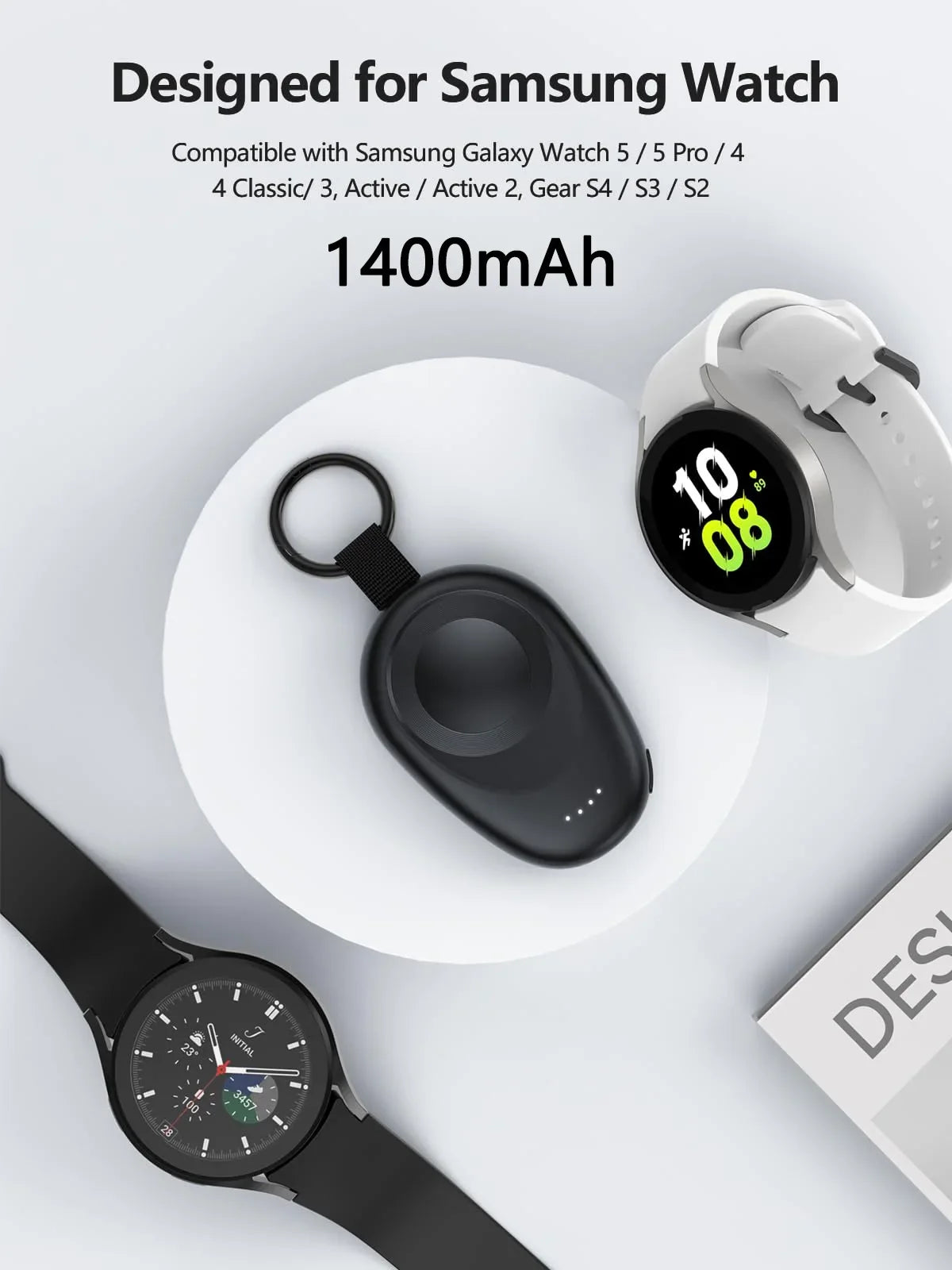 1400mAh Portable Wireless Power Bank — Magnetic Keychain Charger for Samsung Galaxy Watch 7/Ultra/6/6 Classic/5 Pro/4/3 & Active 2/1