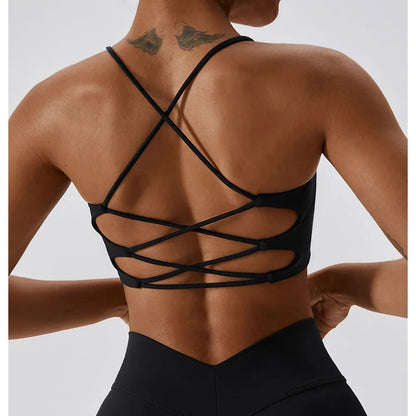 Solid Color U-Shaped Multi-Strap Cross Back Women's Fitness Sports Bra - Gym Yoga Athletic Tight with Chest Pad