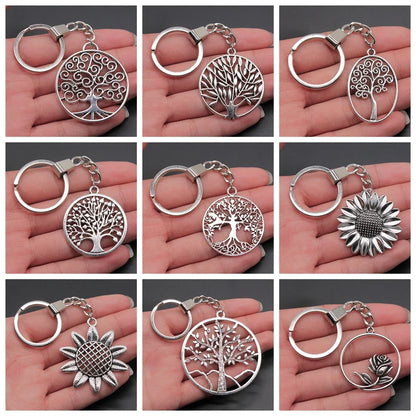 New Fashion Men 30mm Metal Alloy Keychain with Vintage Heart, Flower, Rose, Sunflower & Tree Pendant DIY Keyring Holder Chain Accessory