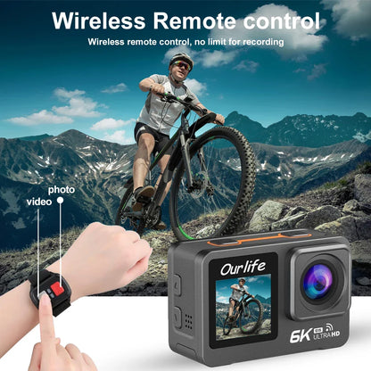 6K 4K60FPS Action Camera – 50MP Dual Screen, 2.0" Touch LCD, EIS, WiFi, 170° Lens, 30M Waterproof, 5X Zoom with Remote