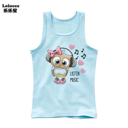 Girls Owl Print Tank Top - Sleeveless Cotton Sports Vest Shirt for Kids 3-14 Years