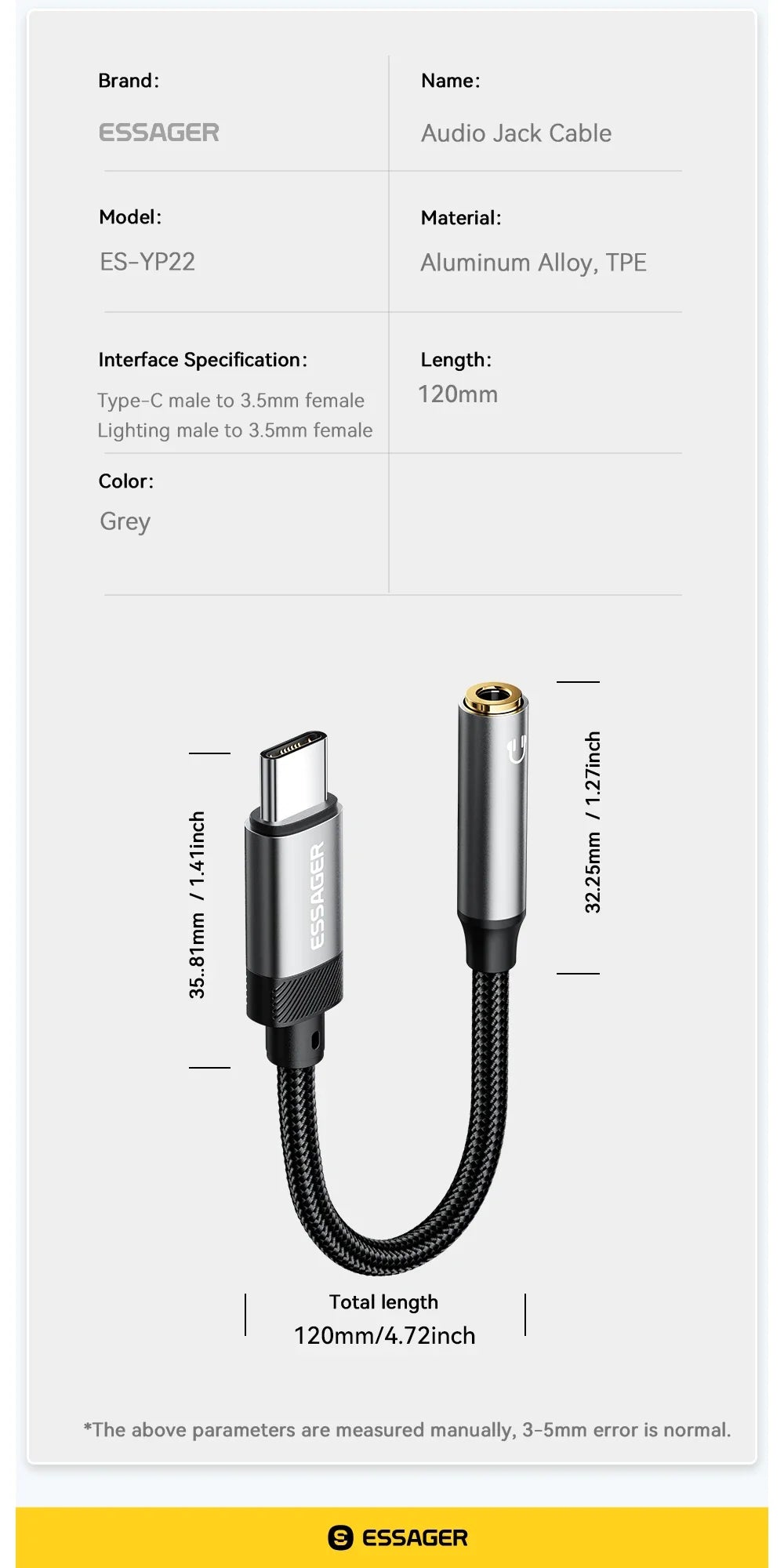Essager 2-in-1 Audio Adapter – Lightning & USB-C to 3.5mm Jack for iPhone, Xiaomi, OnePlus, OTG Aux Cable