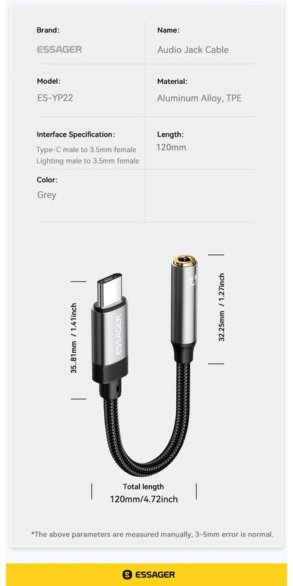 Essager 2-in-1 Audio Adapter – Lightning & USB-C to 3.5mm Jack for iPhone, Xiaomi, OnePlus, OTG Aux Cable