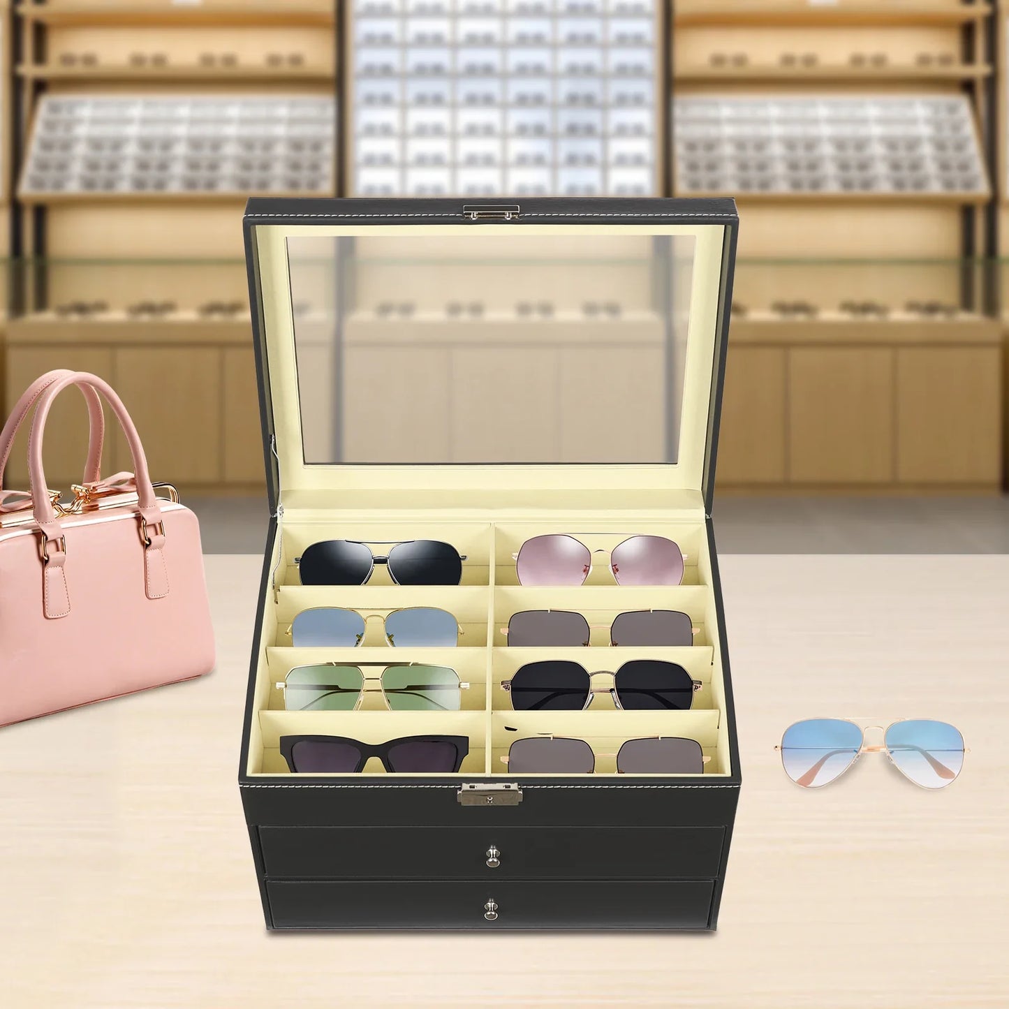 3-Layer Leather Glasses Organizer with Drawer – 24 Slot Sunglasses Display & Storage Case Rust-Resistant