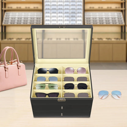 3-Layer Leather Glasses Organizer with Drawer – 24 Slot Sunglasses Display & Storage Case Rust-Resistant