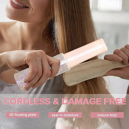 2-in-1 Wireless Hair Straightener & Curler – USB Rechargeable Diamond Design Styling Brush for Travel & Home
