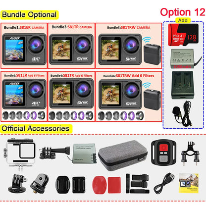 AUSEK S81TRW 5K Action Camera – 4K60FPS, 48MP, EIS, 5X Zoom, 1080P Webcam, Wi-Fi Vlog Sports Cam with Remote & Optional Filters